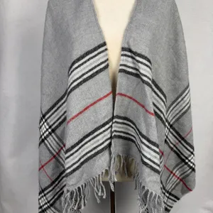 V. Fraas Wrap Shawl Scarf Womens One Size Plaid Fringe Open Front Grey thumbnail 2