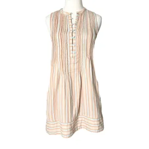 Faherty Isha Organic Cotton Striped Pintuck Sleeveless Shift Dress Peach Blue XS thumbnail 2