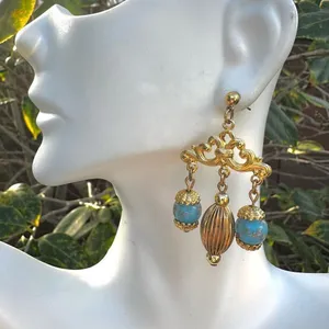 Gold tone and blue beaded vintage earrings thumbnail 1