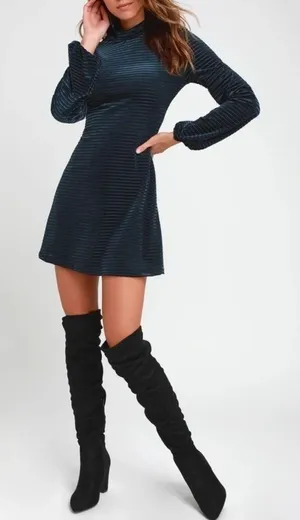 Lulu’s Ticket to chic Navy Blue Striped Velvet Balloon Sleeve dress Size small thumbnail 1