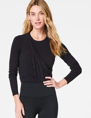 Spanx Better Base Twist and Fold Long Sleeve Wrap Top in Black Size XL NWT thumbnail 1