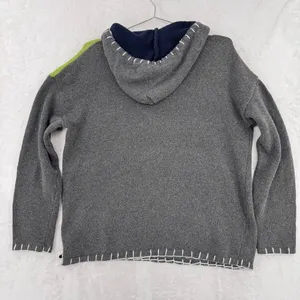 Hooded Sweater Gray Green Color Block Pocket Beads Toggle Button Boho Asymmetric thumbnail 4