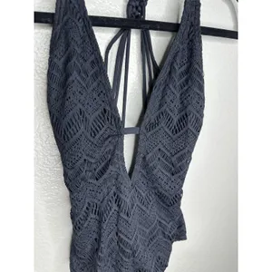 Vince Camuto Swim One Piece Swimsuit Womens 10 Black Crochet Plunge Macrame thumbnail 2