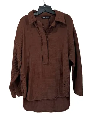 Zara Cotton Blend Oversized Top Size XS Brown Textured Gauze Relaxed‎ Fit thumbnail 1