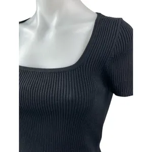 Madewell Women's Black Ribbed Knit Square Neck Sculpt T Shirt Crop Top Size S thumbnail 3