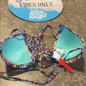 Wet Seal Multicolor Floral Print Push-Up Bikini Top with Teal Lining thumbnail 2