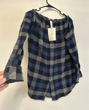 NWT S/M Urban‎ Renewal Blue Plaid Off The Shoulder Button Front Flannel Top thumbnail 1