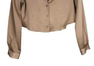 Zara Taupe Satin Cropped Long Sleeve Button-Up Blouse - Size Small thumbnail 1
