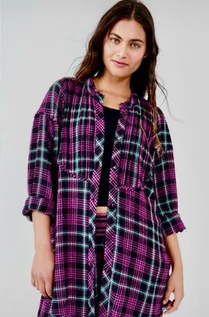 FREE PEOPLE Plaid Purple and Black Long Sleeve Shirt thumbnail 1