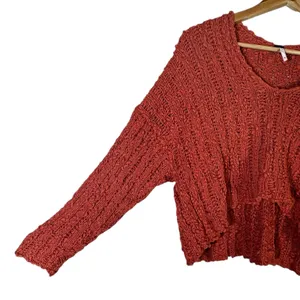 Free People High Low Open Knit V-Neck Sweater Rust Orange Boho Cropped Size M thumbnail 4