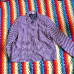 Vintage Purple checkered plaid gingham houndstooth button-up blazer jacket preppy old money retro jacket #coquette #twee Size L, measurements in pics thumbnail 6