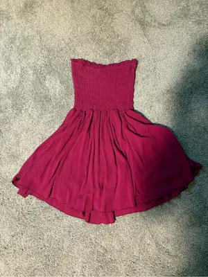 Garage Strapless Smocked Skater Dress Romper in Deep Magenta with Shirred Top thumbnail 3