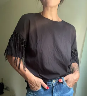 Zara Black Fringe T-Shirt thumbnail 1