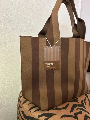NEW Vivere Brown Striped Reusable Woven Tote Bag thumbnail 2