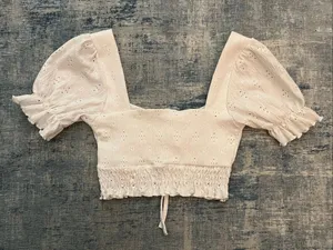Altar'd State White Tie Front Eyelet Puff Sleeve Crop Top Women's Small thumbnail 2