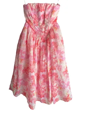 Lulus Eulalia Pink Floral Lace-Up Strapless Bustier Midi Dress thumbnail 4
