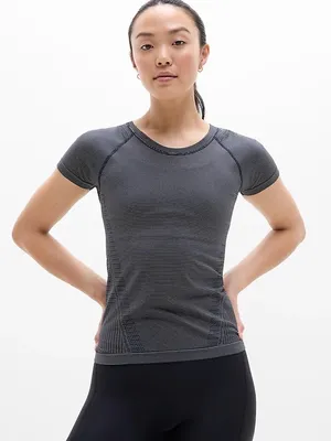 Athleta Momentum Seamless Tee Charcoal & Black Striped Short-Sleeve Top thumbnail 1