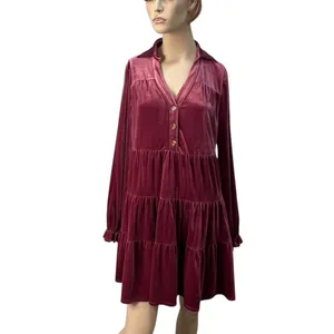 Easel Burgundy Velvet Babydoll‎ Tiered V-Neck Mini Dress Small Ruffle Flowy Boho thumbnail 2