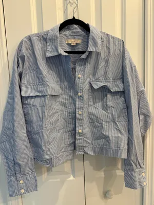 LOFT Blue & White Pinstripe Crop Button Down Shirt thumbnail 1