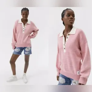 BDG Urban Outfitters Women's MEDIUM Renna Pink Long Sleeve Rugby Sweater Prep thumbnail 2