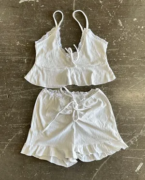 White Lace Trim Ruffle Lacing Lounge Set thumbnail 2