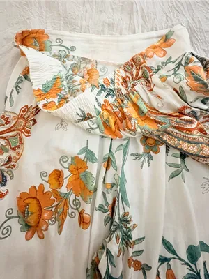 Rachel Zoe Linen Blend Wide Leg Pants Orange Floral Paisley Boho Resort Sm thumbnail 6