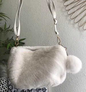 White Faux Fur Pom Pom Shoulder Crossbody Adjustable Strap Bag Purse Y2K 2000s Coquette Rave Festival Approx 10.5” wide x 7.5” Tall thumbnail 1