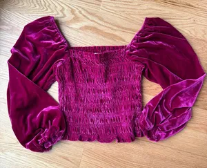 Anthropologie Jewel-Tone Pink Puff-Sleeve Velvet Blouse Peasant Smocked - Size S thumbnail 1