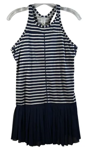 New Balance Women Striped Athletic Tennis Dress Pleated Skirt Navy‎ White Size L thumbnail 1