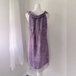 Vintage ‘90s Max Studio 100% Silk Purple Leaf Print Ruffled Sleeveless Dress thumbnail 6