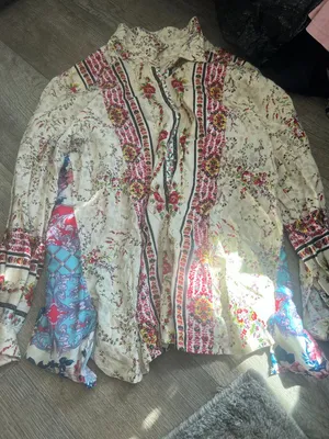 Anthropologie Cyrena Mixed Floral Print High Lo Button Down Linen Blend Top L thumbnail 1