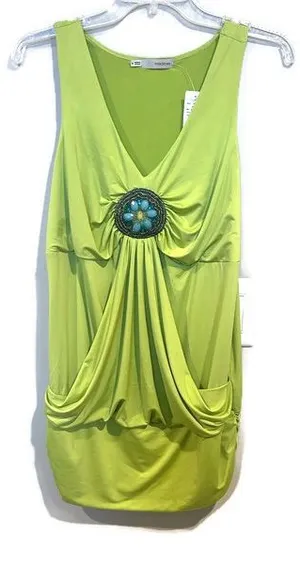 Maurice's New Lime Green Embellished Ruched Tunic Top Dress Small Y2K Boho thumbnail 1