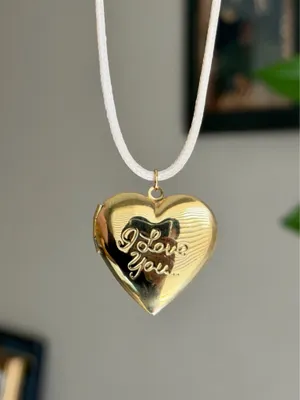 Handmade “I love you” gold tone stainless steel heart locket charm necklace 🍃🩵 thumbnail 3
