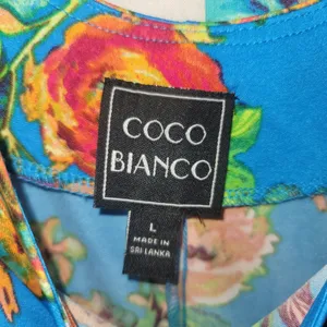 Coco Bianco Floral Open Back Sleeveless Blouse Top Blue Yellow Size L Tropical thumbnail 3