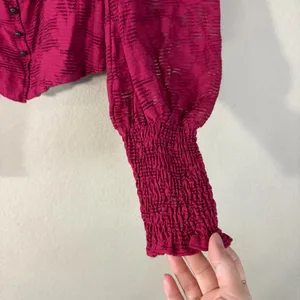 Anthropologie Pink Floral Ruffle Blouse Smocked Puff Sleeve Sz XS Cottagecore thumbnail 6