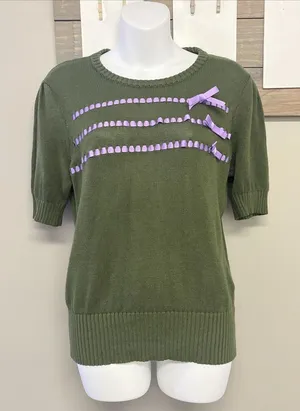 ModCloth Olive Green Knit Puff Short Sleeve Sweater Light Purple Ribbon- Medium thumbnail 1