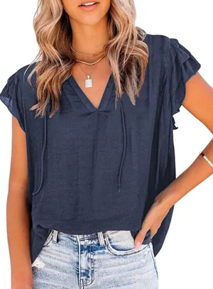 Amazon Women's Casual V Neck Tops Drawstring Short Sleeve T Shirt Blouses thumbnail 1