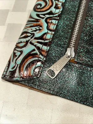 Patricia Nash Turquoise & Brown Tooled Leather Envelope Clutch thumbnail 6