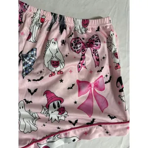Pink Halloween Ghost Bow Pajama Set Short Sleeve Button Down Shorts Womens Large thumbnail 10