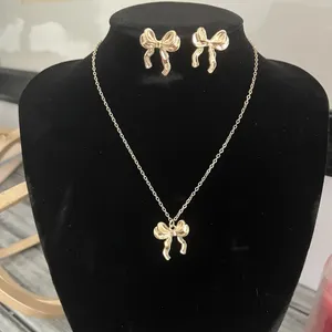 Gold Plated Bow Necklace SET Coquette Earrings Womens Jewelry thumbnail 1
