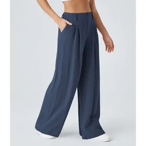 Halara Wide Leg Flowy Solid Palazzo Casual Linen Feel Pants Sec Blue XL petite thumbnail 6