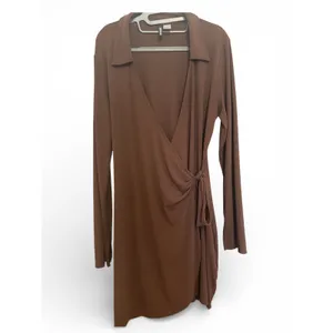 H&M Divided Ribbed Knit Wrap Mini‎ Dress Chocolate Brown Long Sleeve Collared thumbnail 3