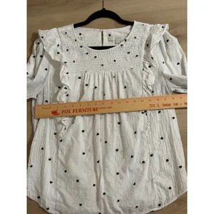 LOFT Blouse White M Womens Heart Print Ruffle Smocked Swiss Dot Long Sleeve thumbnail 2