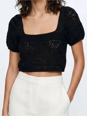 Zara dark olive green knitted crop top with off shoulder short sleeves & square neckline thumbnail 1