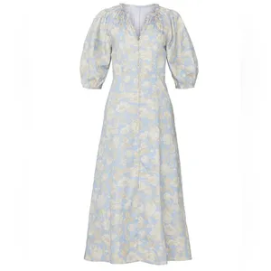 Rebecca Taylor Short‎ Sleeve Satin Leaf Floral 100% Cotton Maxi Dress Size 8 thumbnail 15