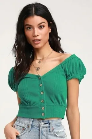 Free‎ People We the Free Brighter Days Green Button Front Short Sleeve Crop Top thumbnail 1