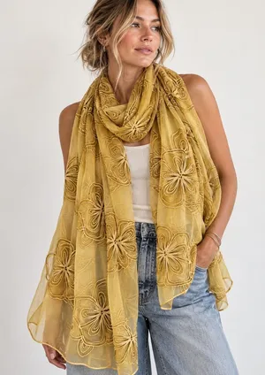 100% Silk Scarf Sheer Gold Yellow Floral Embroidered Sheer Made in Italy Boho thumbnail 1