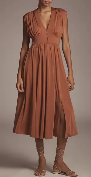 Anthropologie Sleeveless V Neck A Line Midi Boho Fall Cottagecore Dress Brown L thumbnail 1