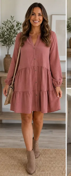 Nine West XL Dusty Rose Tiered Babydoll Tunic Dress Boho Flowy Long Sleeve thumbnail 1