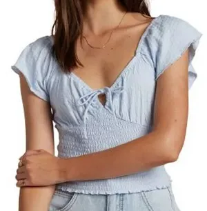 NWT Billabong Secret Spot Smocked Ruffle Sleeve Top Shirt Size Large Blue thumbnail 1
